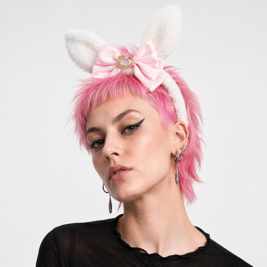 Luxurious Bunny Ears Headband with Satin Ribbons and Jewels Baby Pink