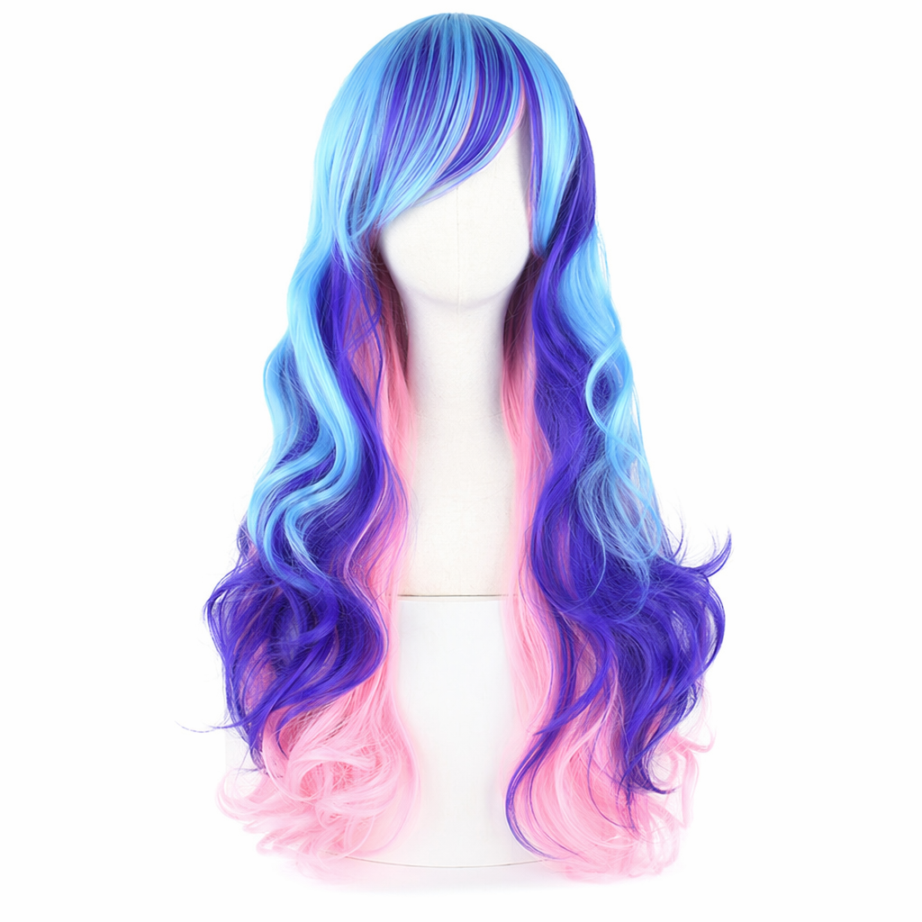 Stunning Long Cosplay Wig with Soft Fringe in Stylish Colors Curly Blue Purple Pink
