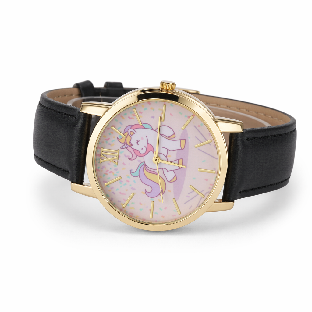 Magical Unicorn Wrist Watch with Gold Plated Hardware and Vegan Leather Black