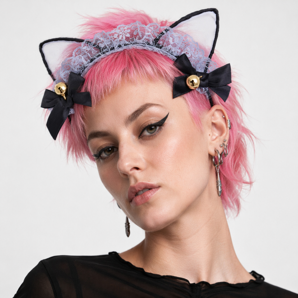 Cute Cat Ear Headband with Gold Bells and Lace Embellishments Gray