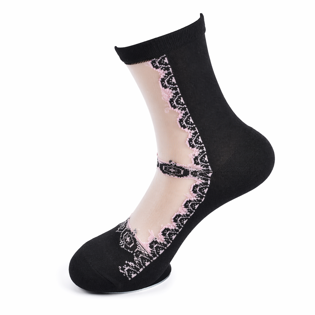 Floral Socks in Transparent Nylon for Cute Style Black Lace Trim