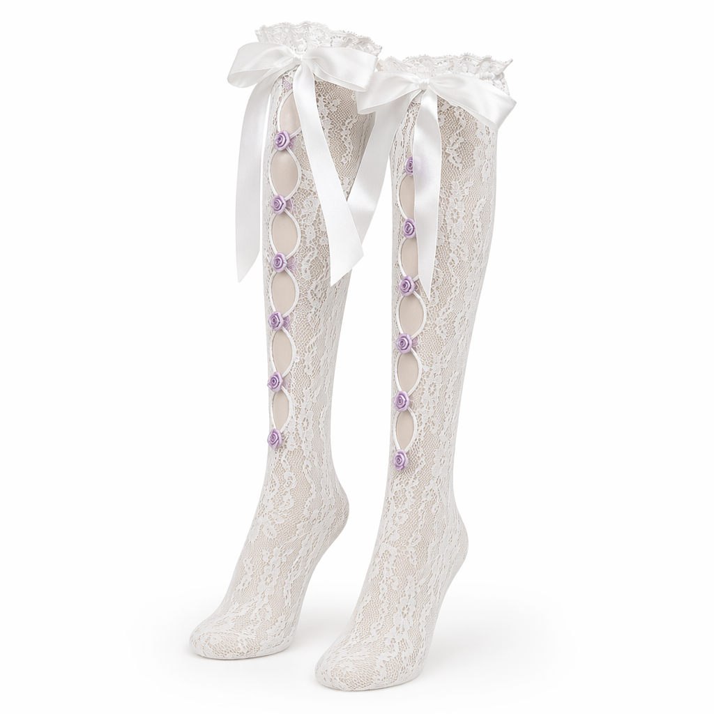 Lolita Lace Ribbon Rosebud Stockings in Black or White White Bow Front Purple Rosebuds