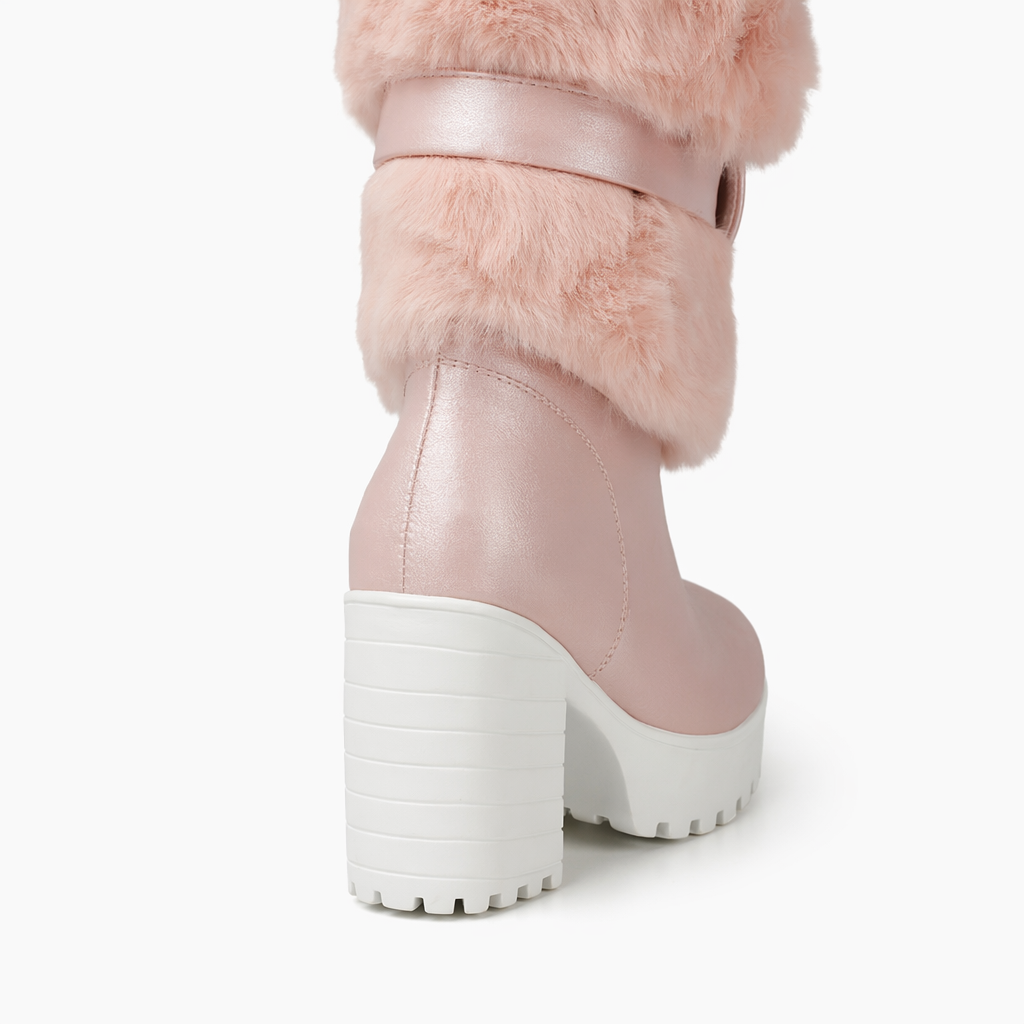 Pastel Vegan Fur Boots with Chunky Block Heel Pink
