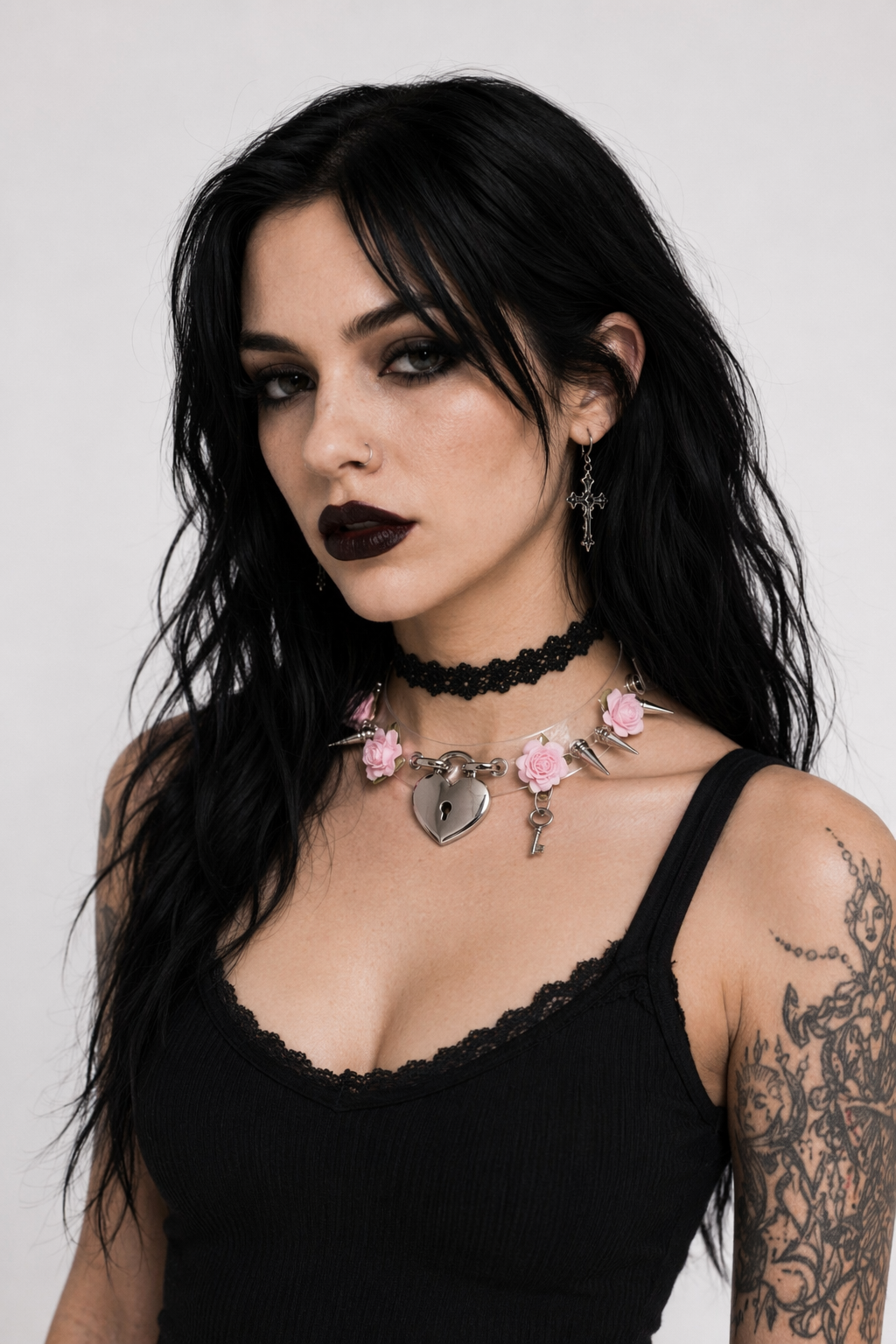 Edgy Floral Choker with Spiky Design and Heart Locket Key Pink Flower Silver