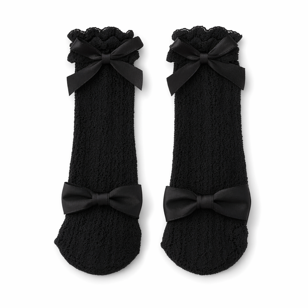 Lace Ankle-High Stockings with Strawberry Ribbon and Ruffle Top Black Ruffles