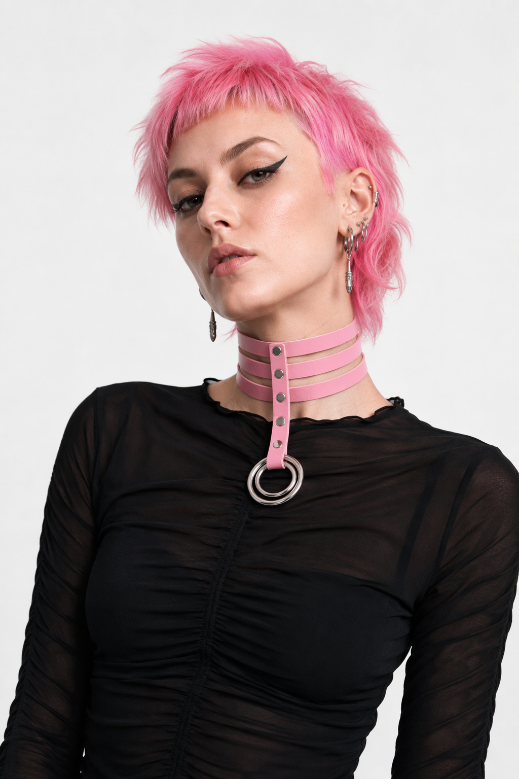 Vegan Leather High Elongated Collar with Built-in O-Ring Hook Pink
