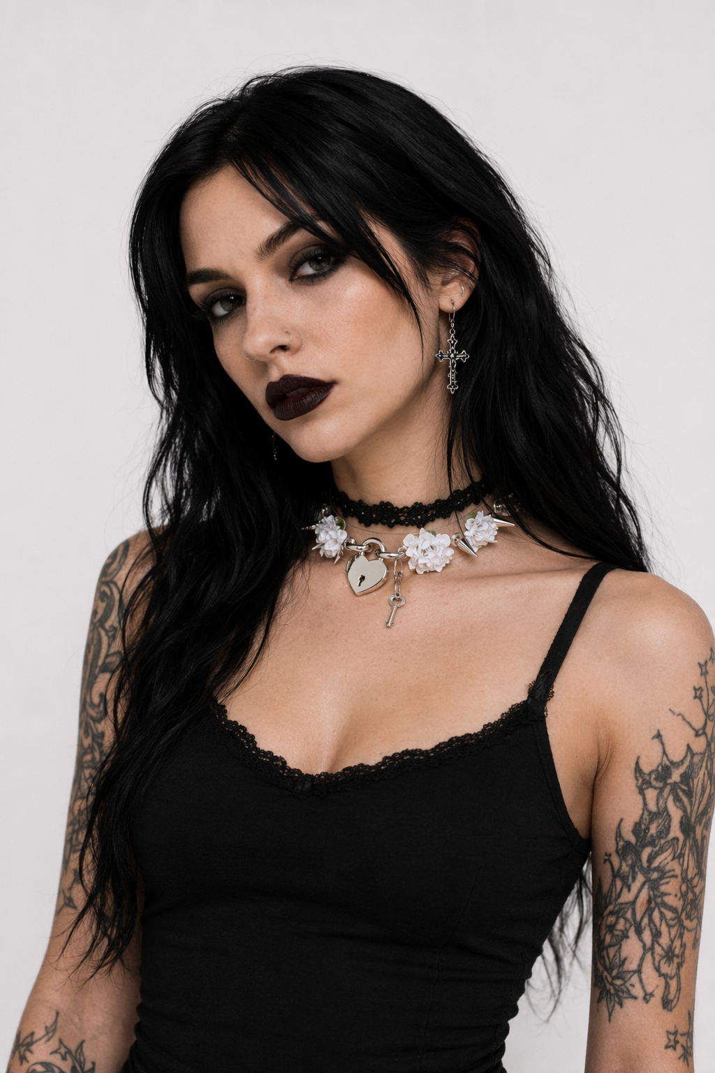 Edgy Floral Choker with Spiky Design and Heart Locket Key White Flower Silver
