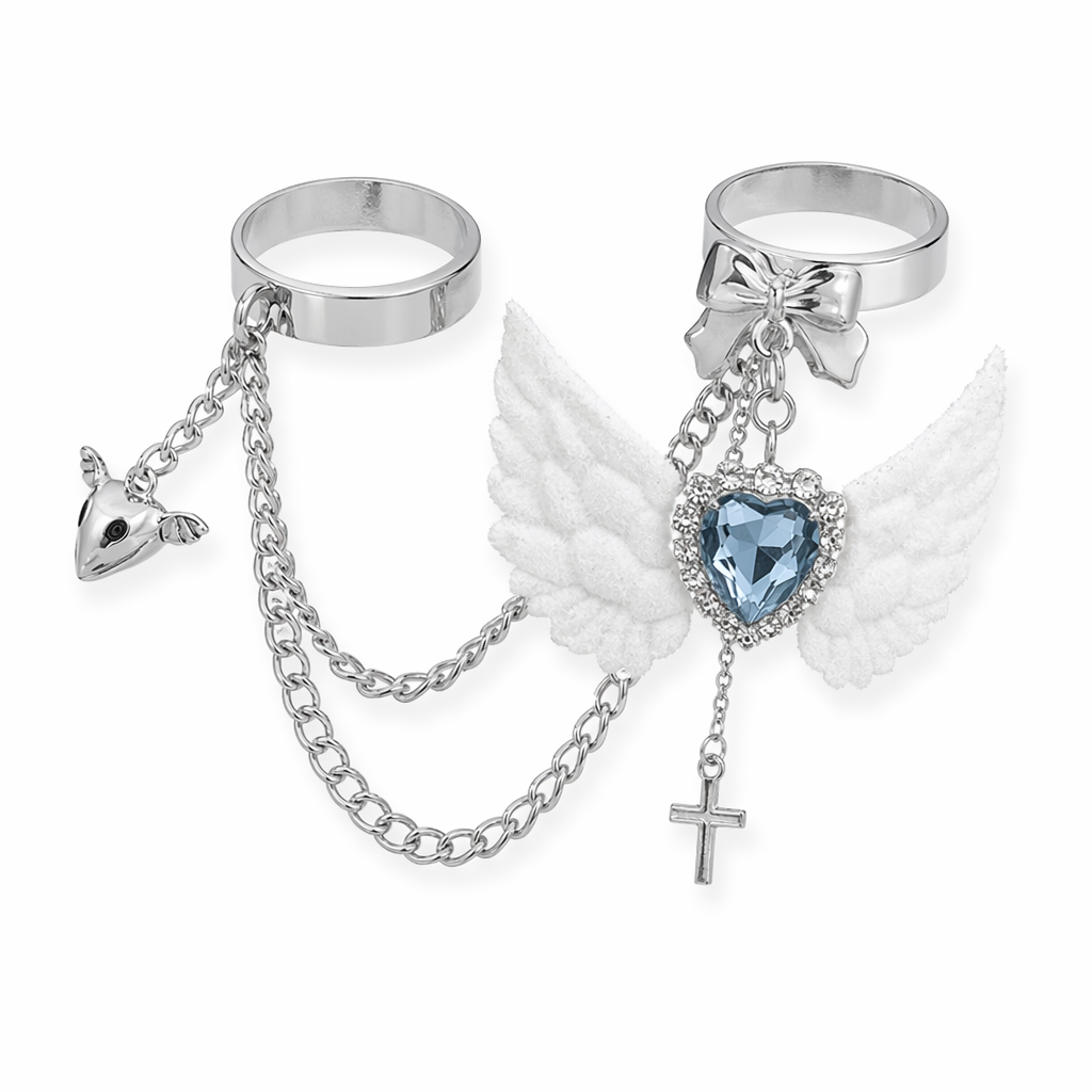 Angelic Goth Ring Set with Bat Wings and Crystal Embellishments White