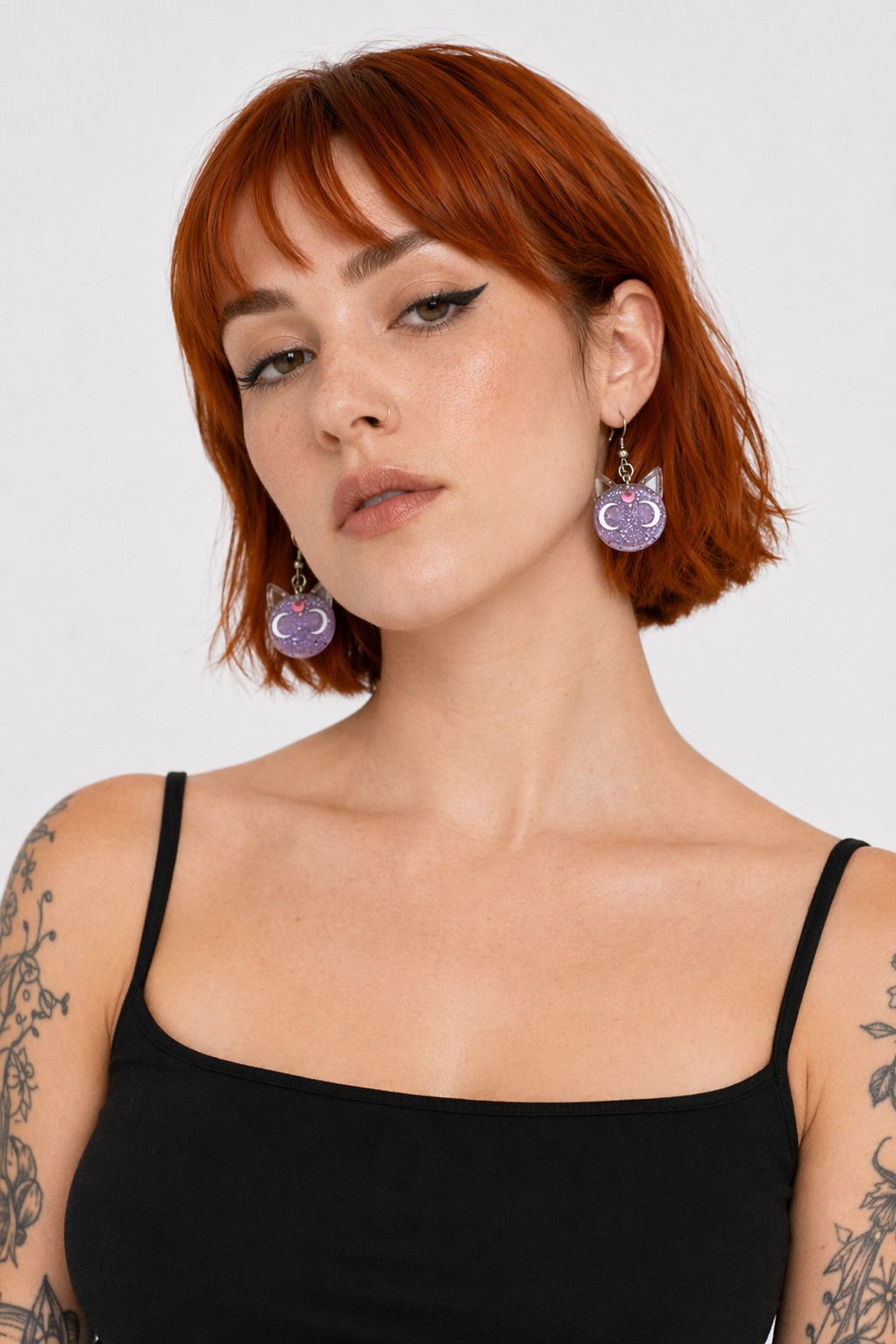 Glittery Cat Earrings with Half Moons in Resin Art Purple