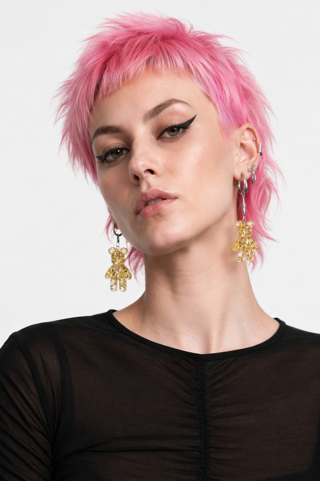 Kawaii Large Bear Earrings in Bright Glittery Colors Gold