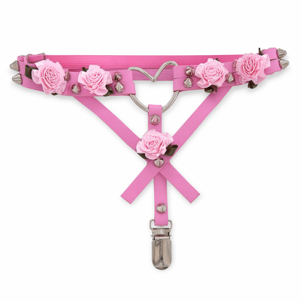 Vegan Leather Garter Belt with Rose Petals and Metal Spikes Pink Garter Belt