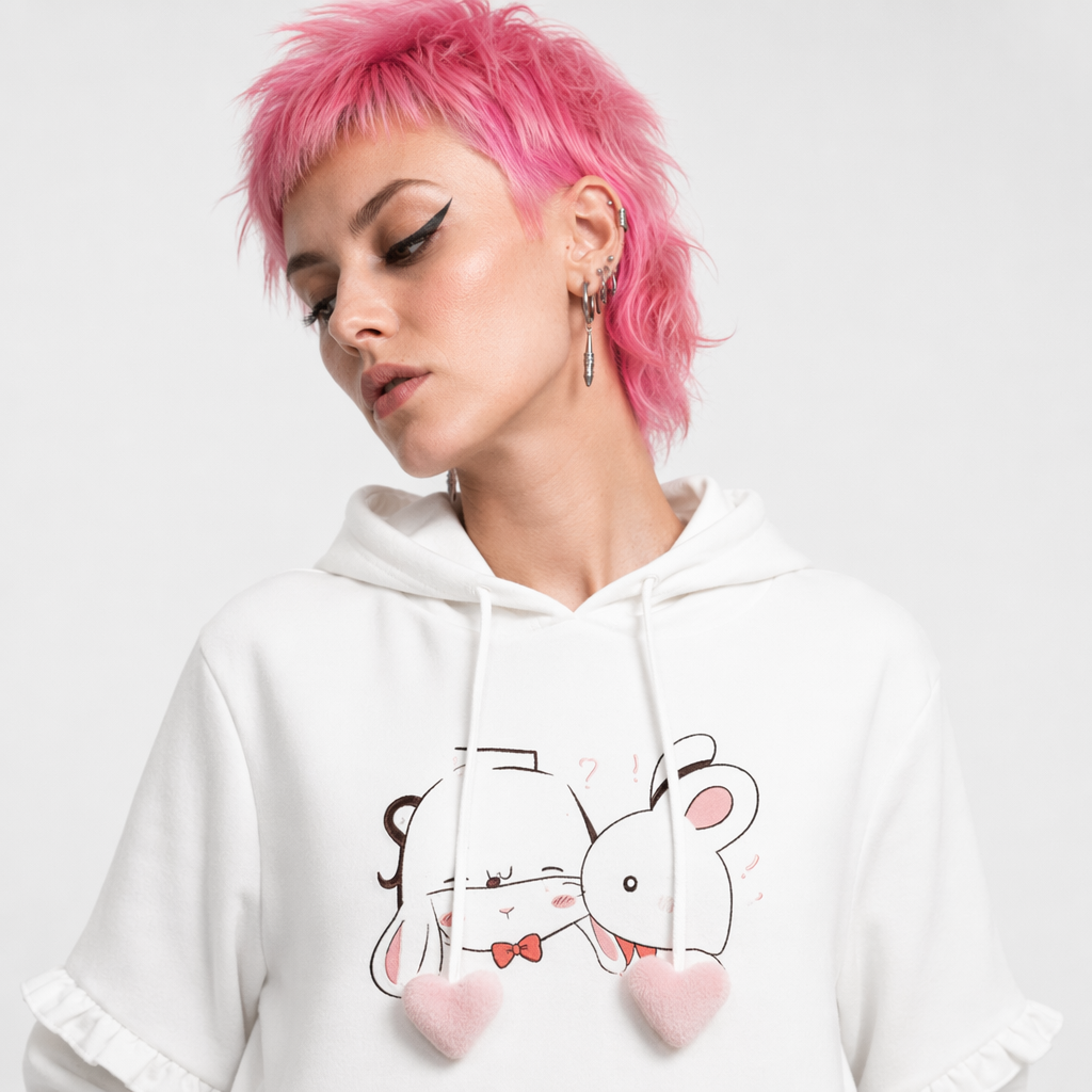 Cute White Baby Kisses Hoodie with Bunny Ears for Kawaii Fashion Default Title