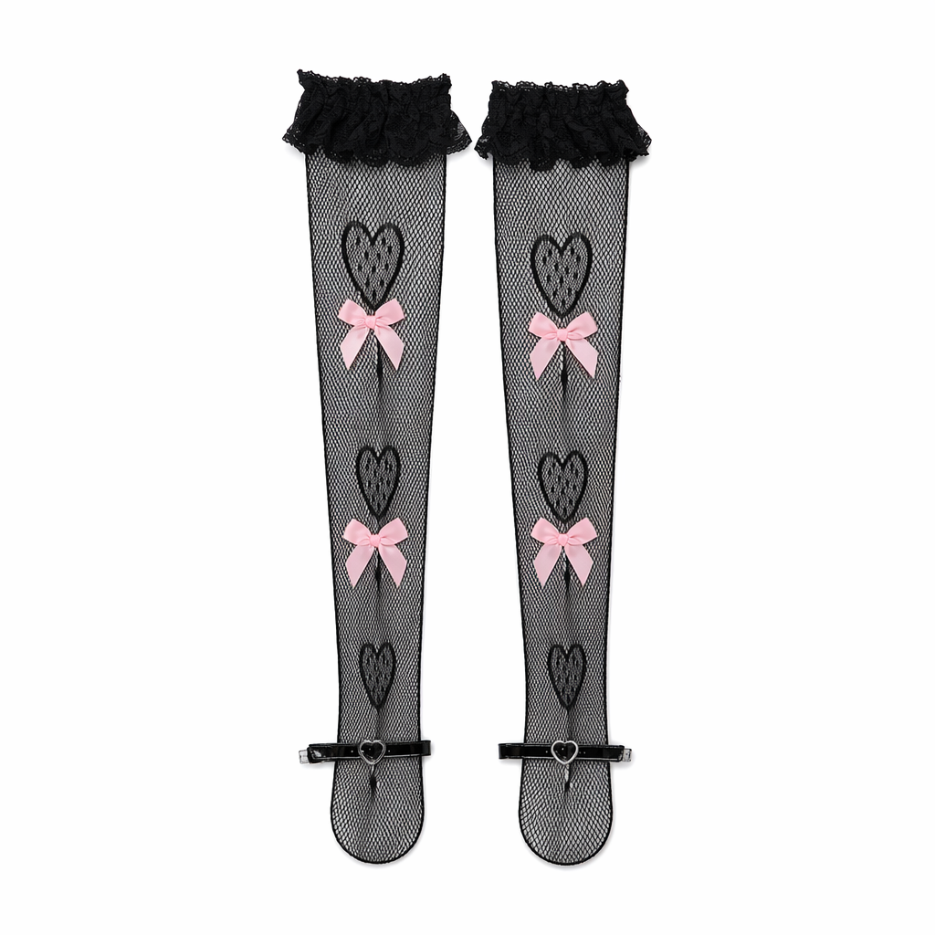 Kawaii Lace Heart and Ribbon Stockings for a Cute Style Upgrade Black Heart Pink Ribbon
