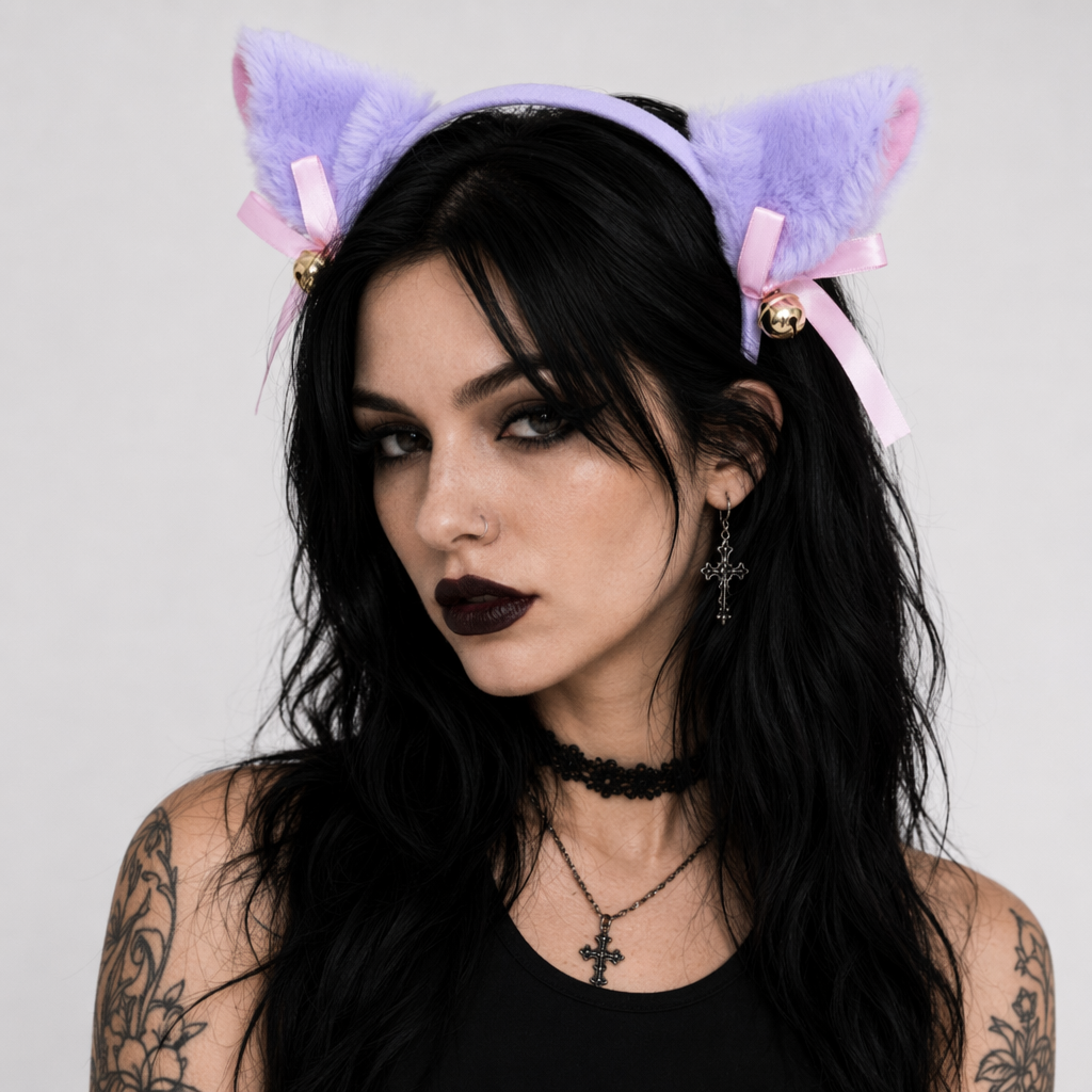 Adorable Faux Fur Fox and Kitten Ears Headband for Kawaii Outfits Purple