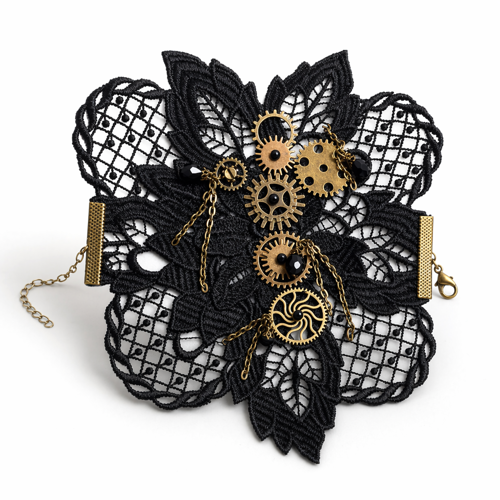 Elegant Steampunk Cuff with Copper and Brass Gears on Black Lace Default Title