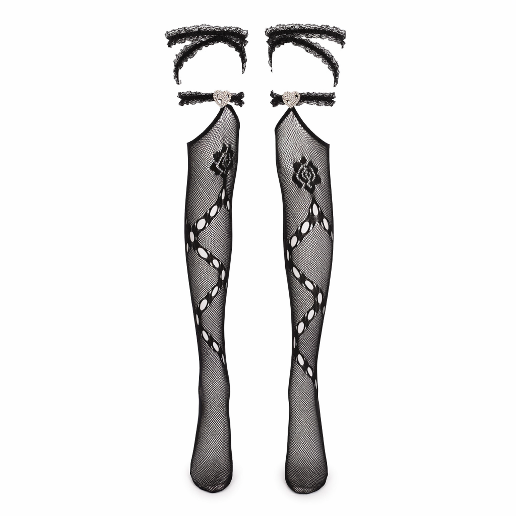Rose Design Thigh-High Fishnet Tights with Free Shipping Default Title