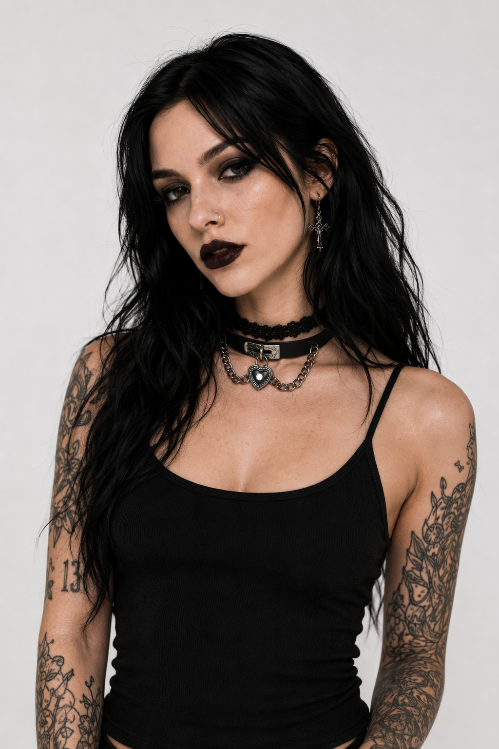 Gothic Victorian Vegan Leather Choker with Heart Locket and Chains Black