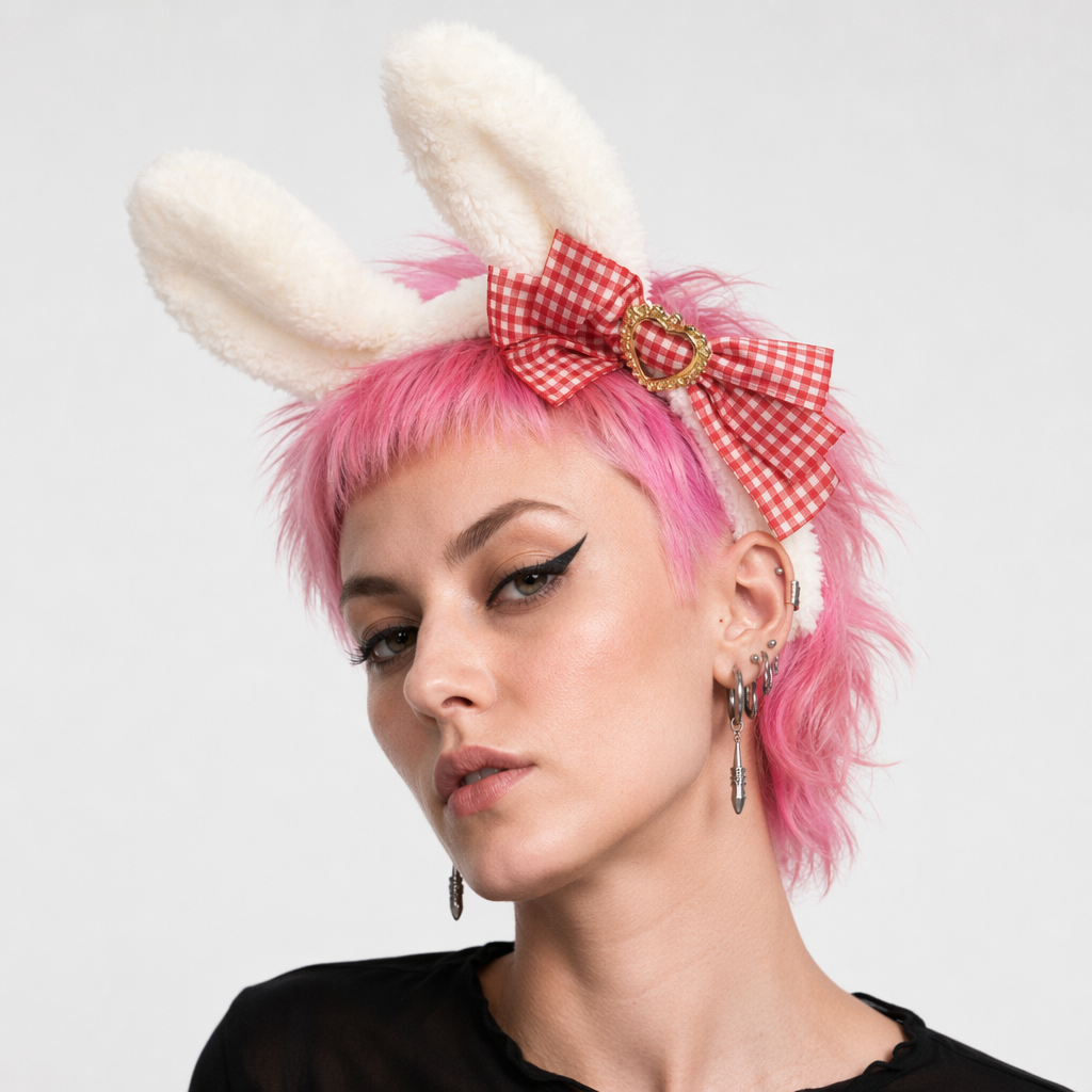 Luxurious Bunny Ears Headband with Satin Ribbons and Jewels Red Plaid