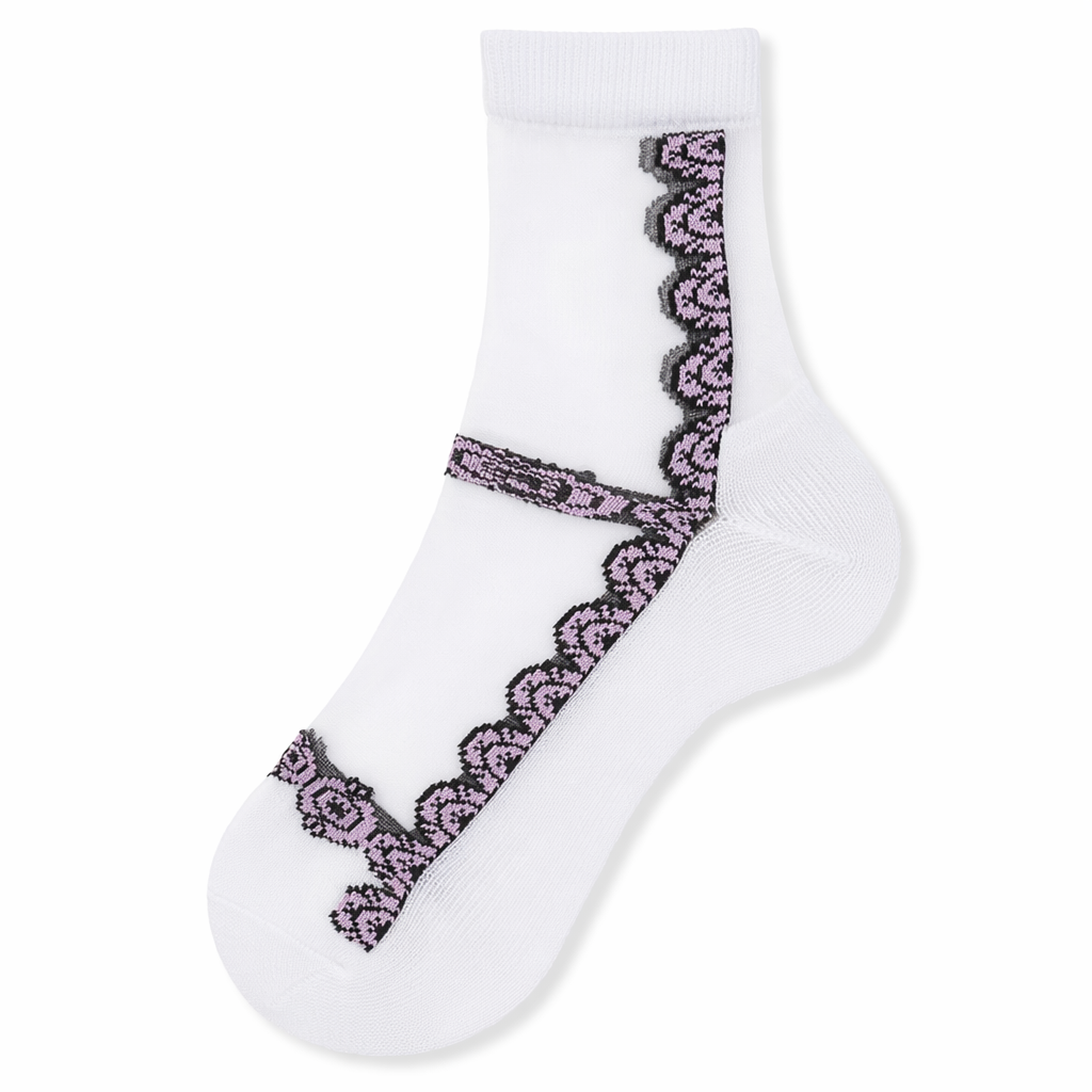 Floral Socks in Transparent Nylon for Cute Style White Trim Flowers