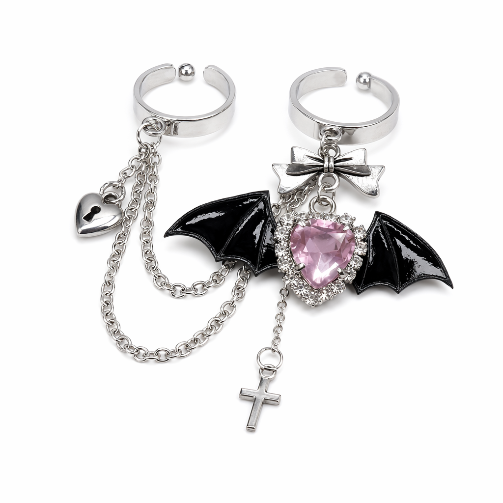Angelic Goth Ring Set with Bat Wings and Crystal Embellishments Black