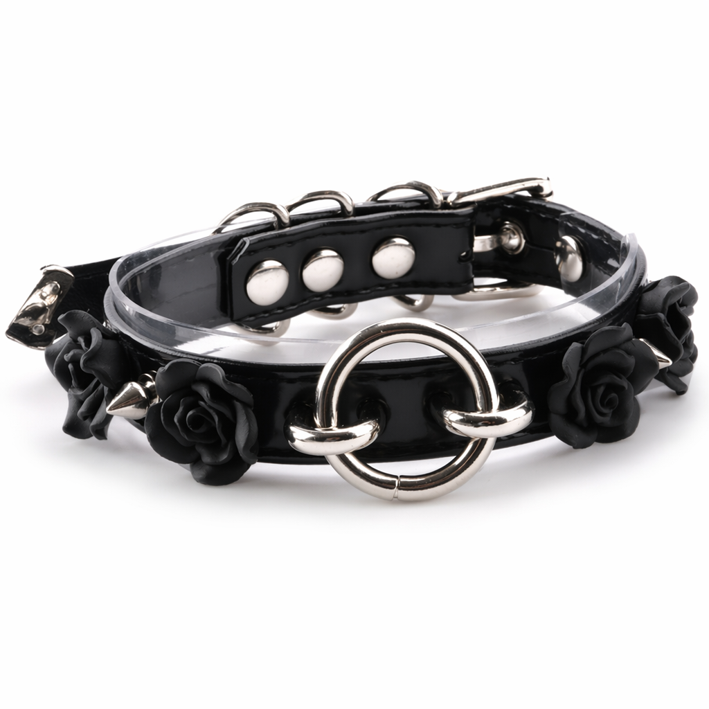Vegan Leather O-Ring Floral Choker Necklace in Silver or Gold Default