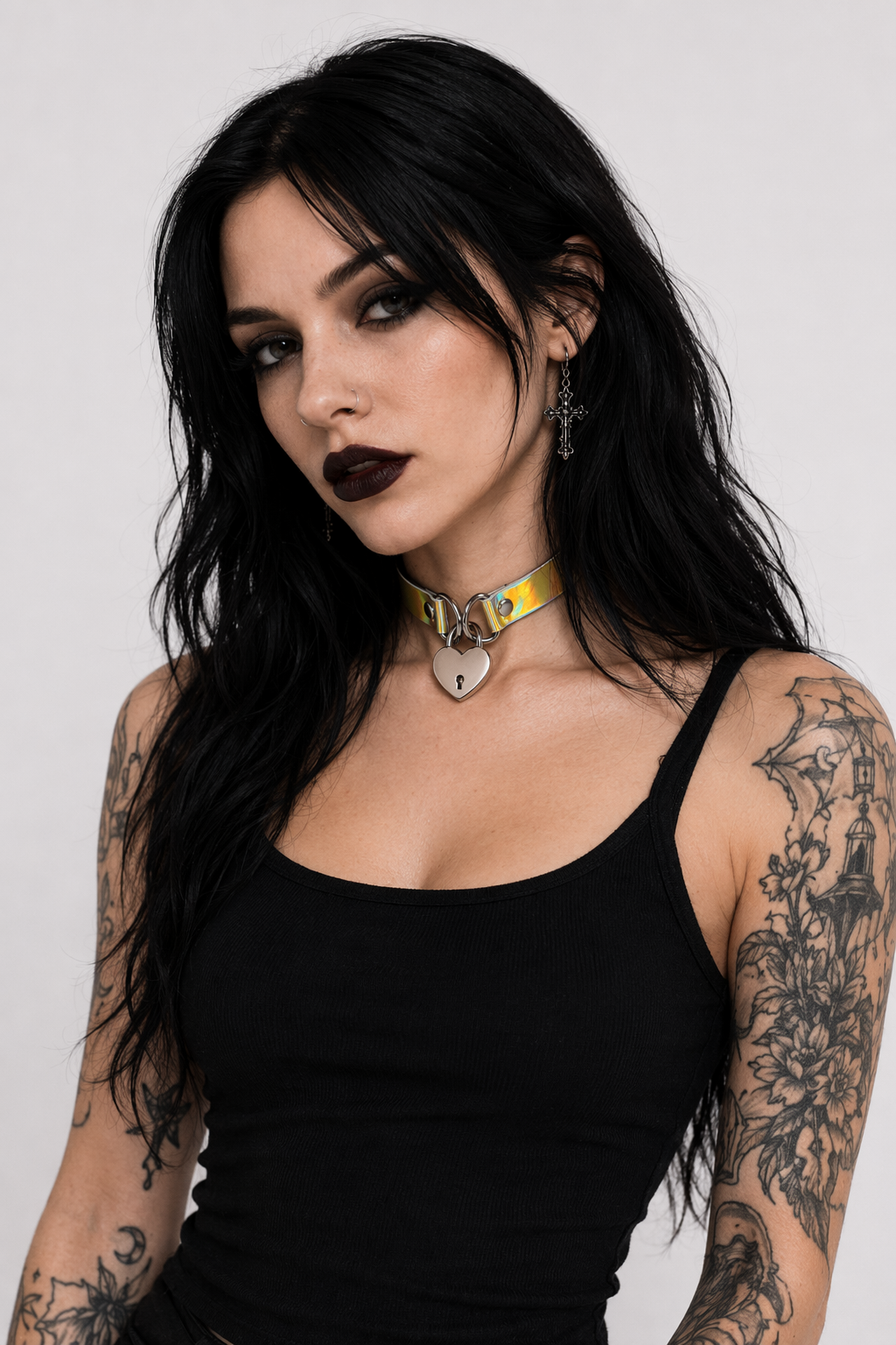 Holographic Lock and Key Choker Collar with Metal Locket Gold