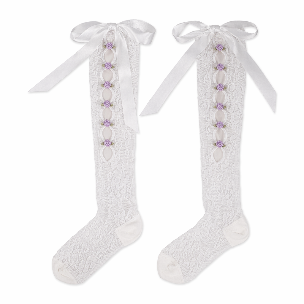 Lolita Lace Ribbon Rosebud Stockings in Black or White White Bow Side Purple Rosebuds