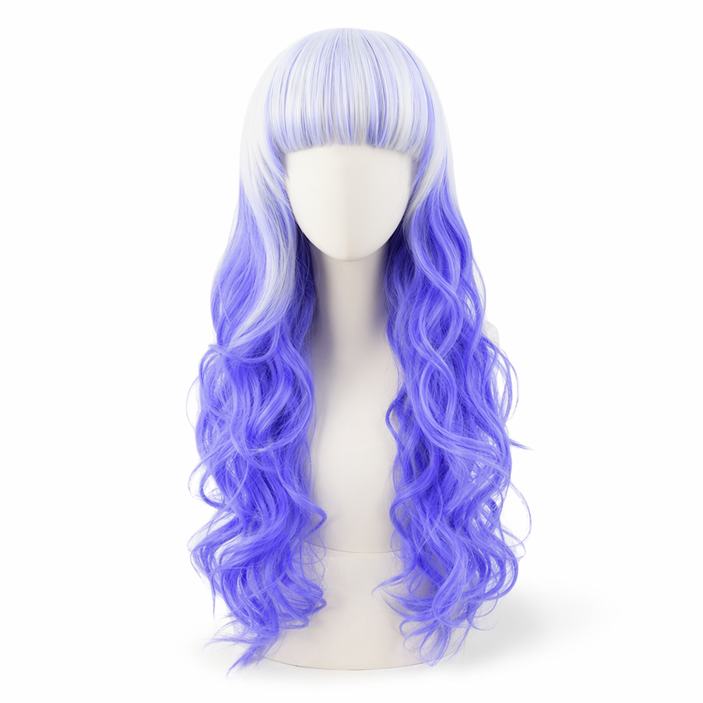 Stunning Long Cosplay Wig with Soft Fringe in Stylish Colors Curly Blue White
