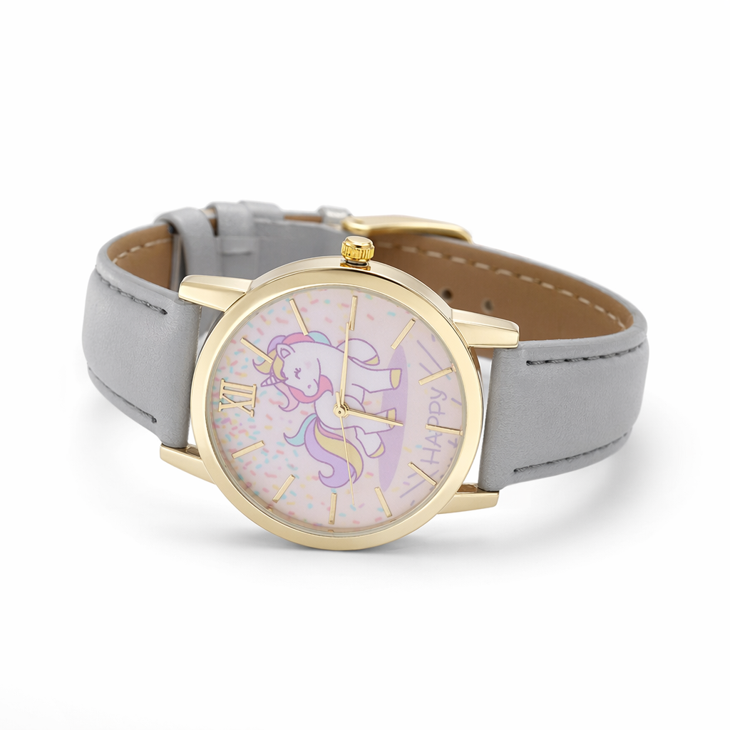 Magical Unicorn Wrist Watch with Gold Plated Hardware and Vegan Leather Grey