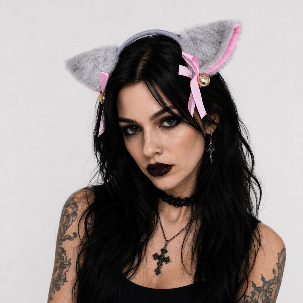 Adorable Faux Fur Fox and Kitten Ears Headband for Kawaii Outfits Grey