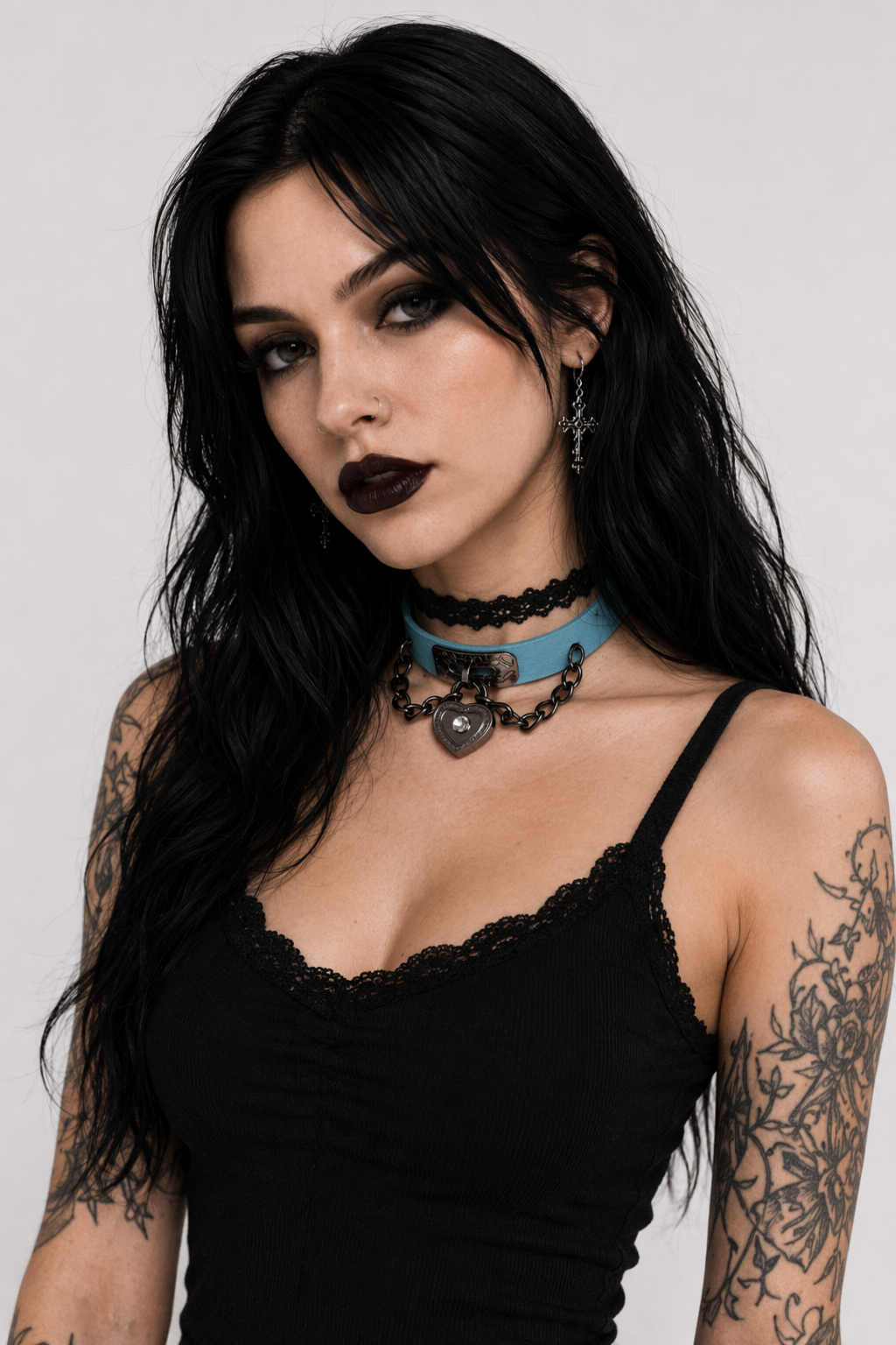 Gothic Victorian Vegan Leather Choker with Heart Locket and Chains Blue