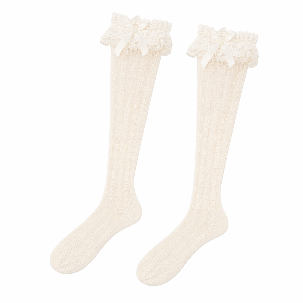 Stunning Lace Knee-High Stockings with Ruffles and Pearl Ribbon Cream