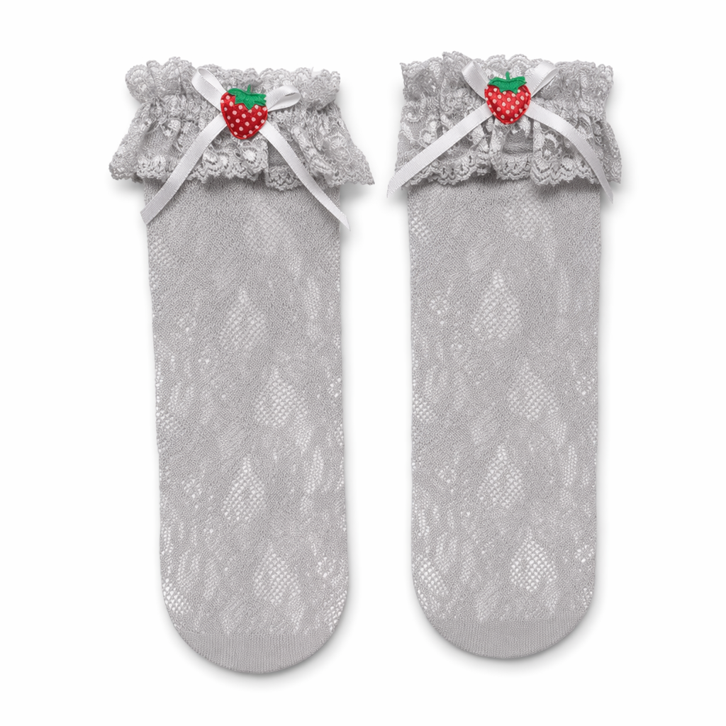 Lace Knee-High Stockings with Ruffles and Strawberry Silk Ribbon Grey