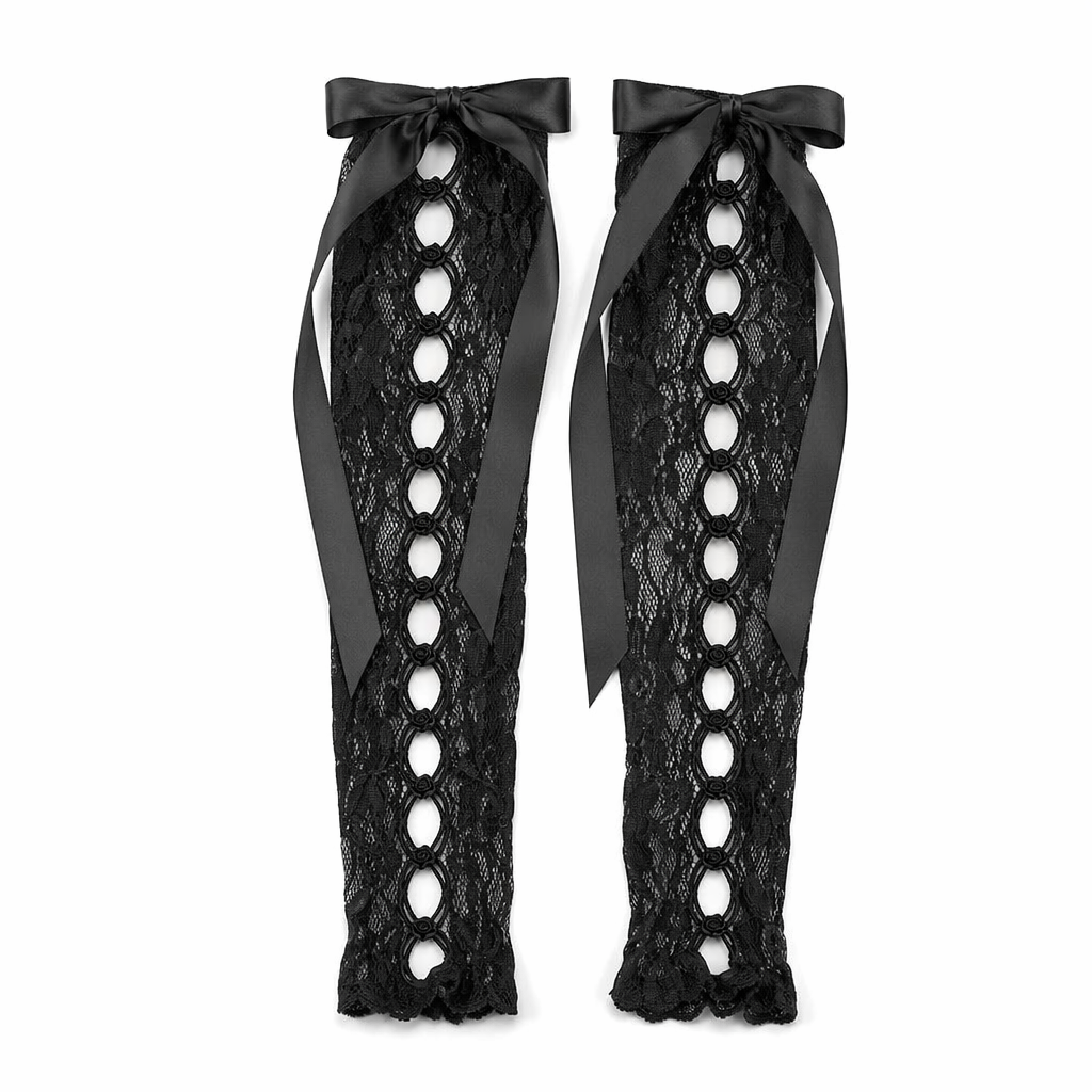 Lolita Lace Ribbon Rosebud Stockings in Black or White Black Lace Front Black Rosebuds