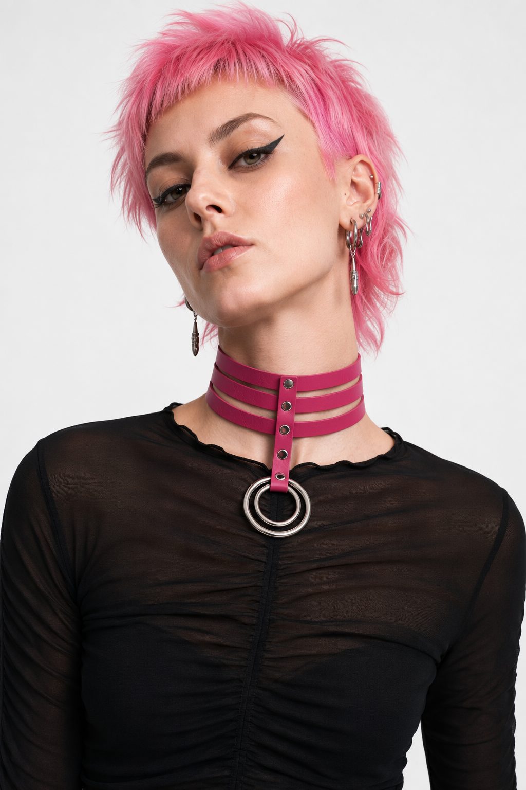 Vegan Leather High Elongated Collar with Built-in O-Ring Hook Rose