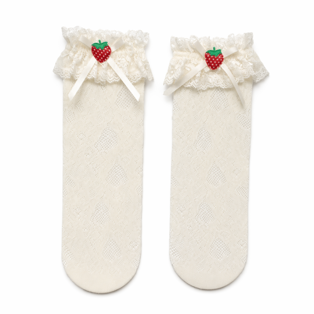 Lace Knee-High Stockings with Ruffles and Strawberry Silk Ribbon Cream