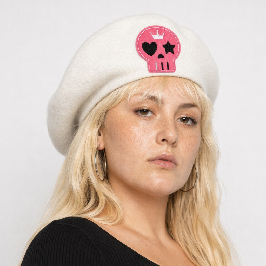 Pink Menhera Nurse Beret for Kawaii Fashion Enthusiasts White Skull
