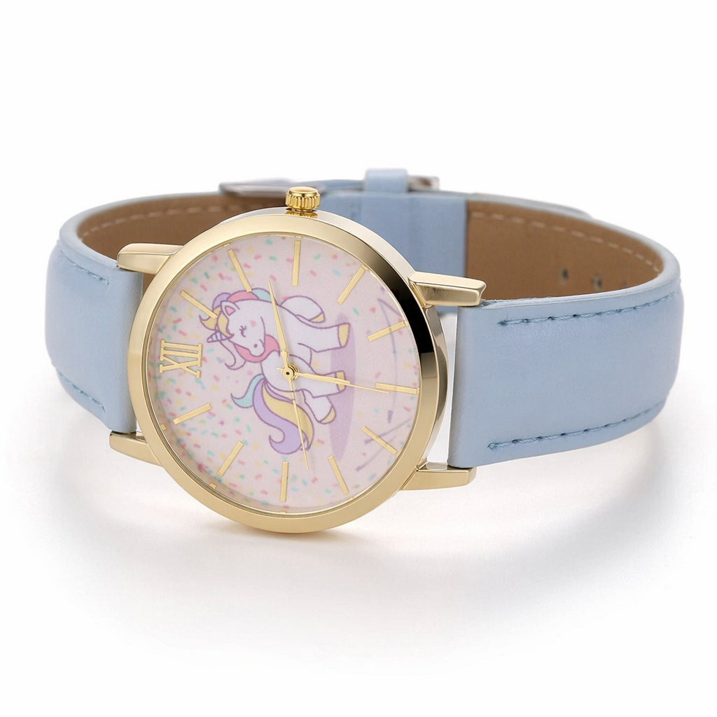 Magical Unicorn Wrist Watch with Gold Plated Hardware and Vegan Leather Blue