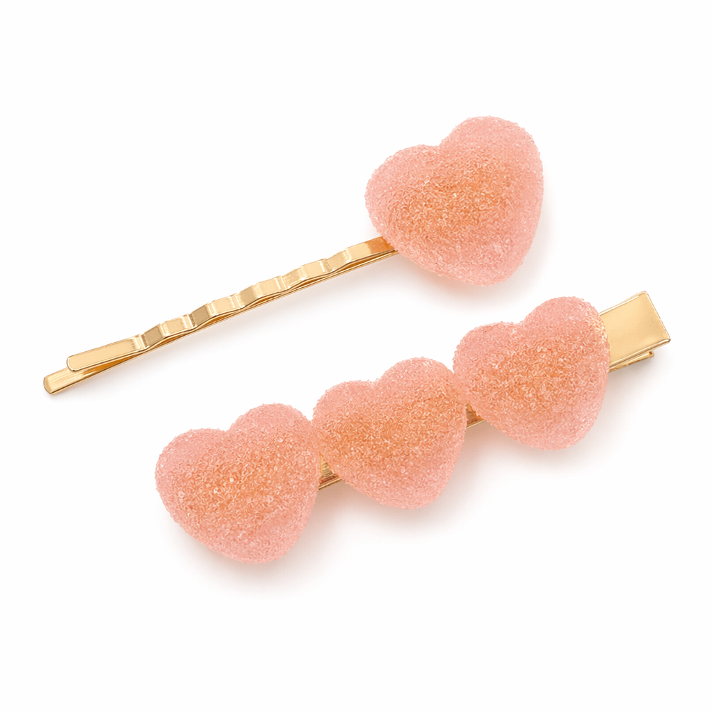 Handcrafted 3D Heart Shaped Sugar Candy Hair Clips Peach