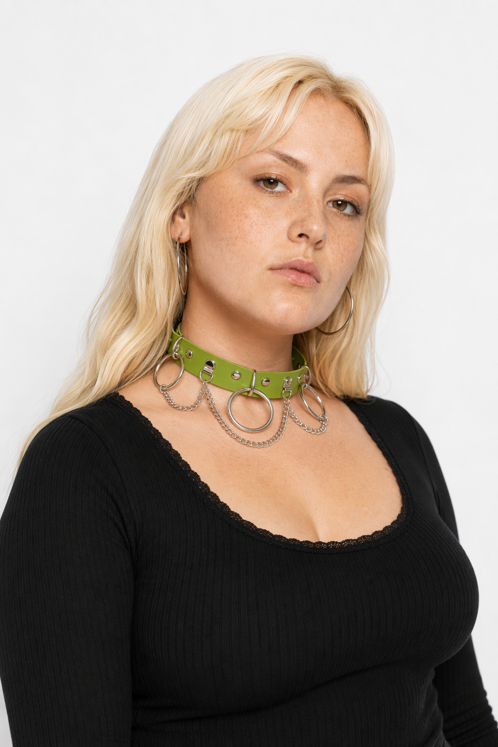 Vegan Leather O-Ring Choker Necklace with Silver Hardware Green
