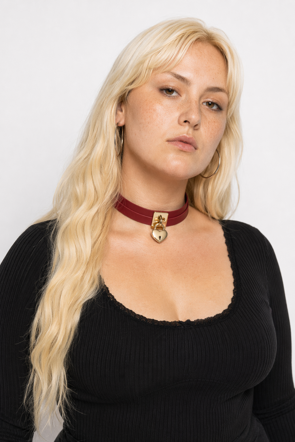 High Quality Vegan Leather Heart Locket Choker in Gold Dark Red