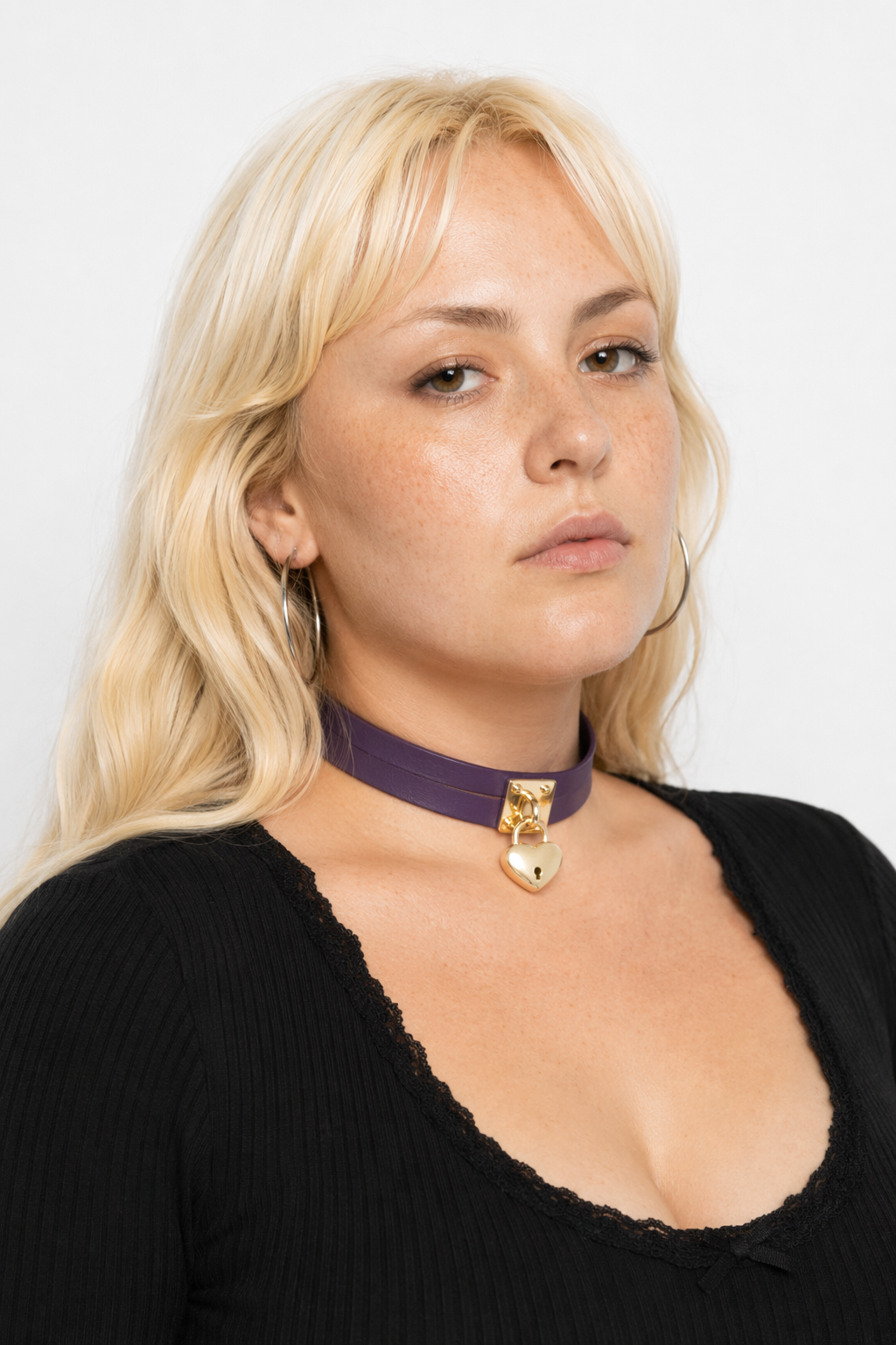 High Quality Vegan Leather Heart Locket Choker in Gold Purple