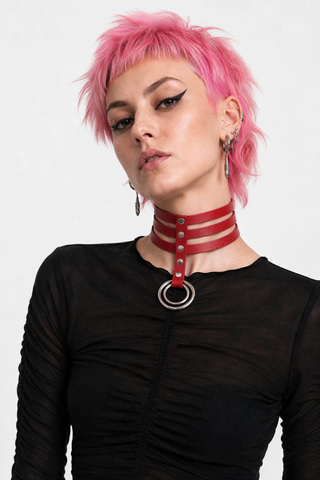 Vegan Leather High Elongated Collar with Built-in O-Ring Hook Red