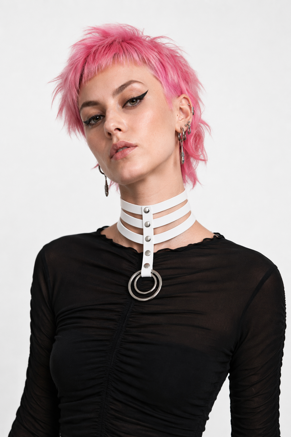 Vegan Leather High Elongated Collar with Built-in O-Ring Hook White