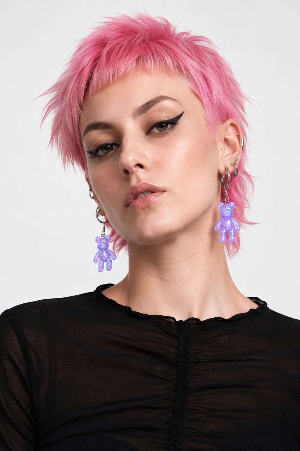 Kawaii Large Bear Earrings in Bright Glittery Colors Purple