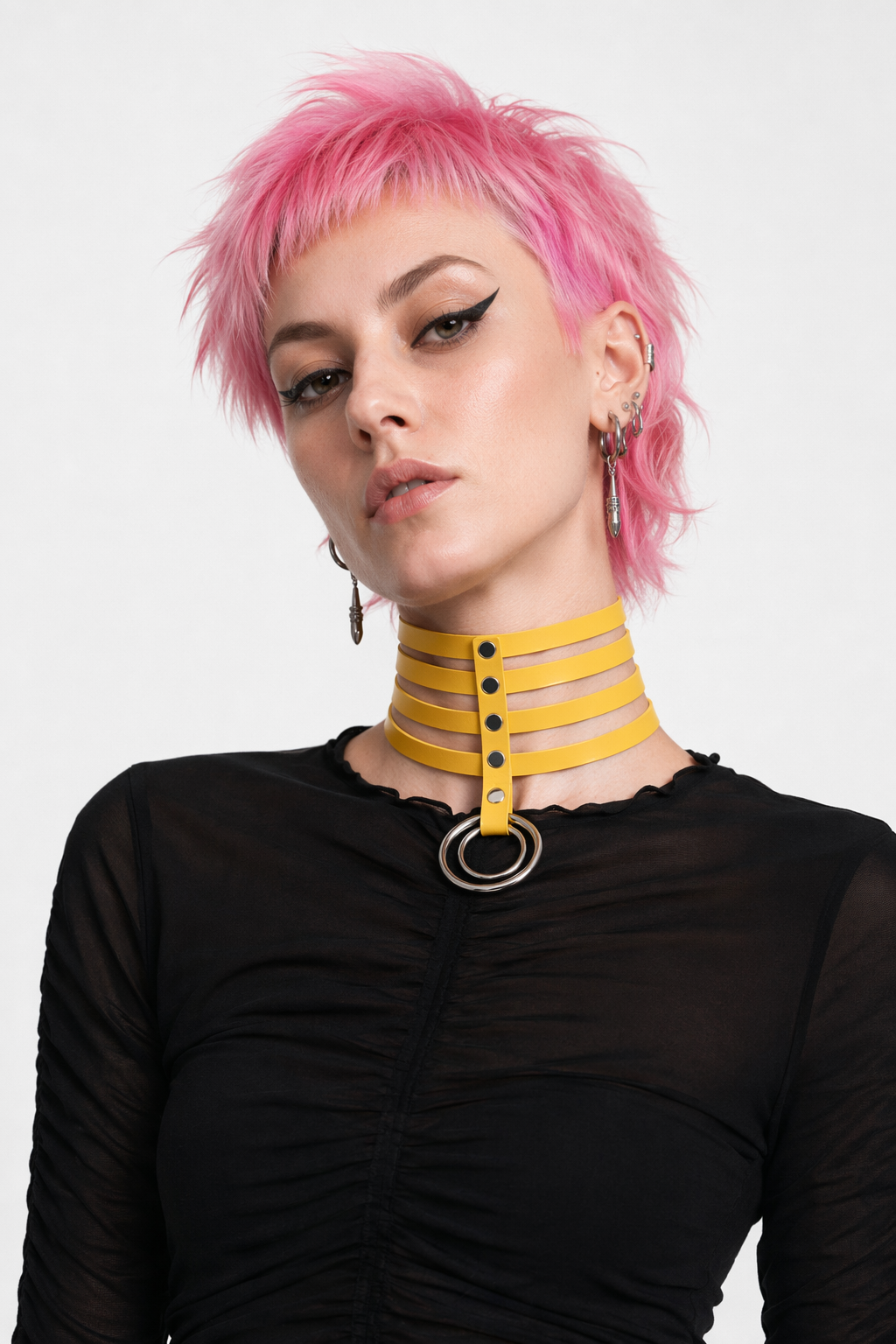 Vegan Leather High Elongated Collar with Built-in O-Ring Hook Yellow