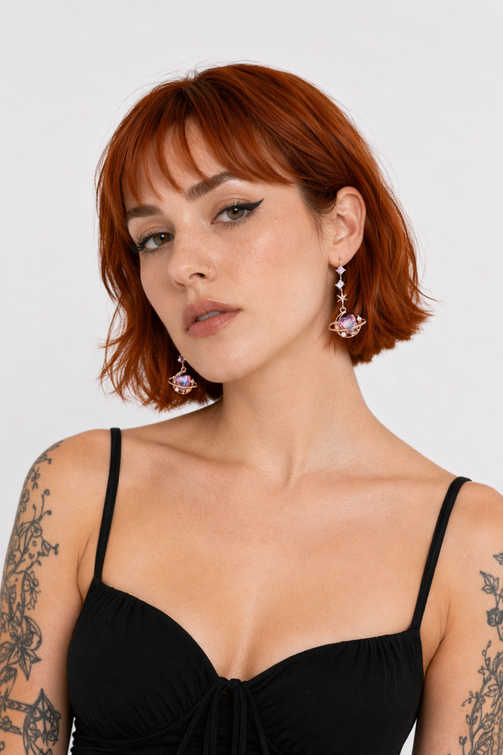 Dainty Heart Planet Earrings with Rhinestones and Gem Details Rose Gold
