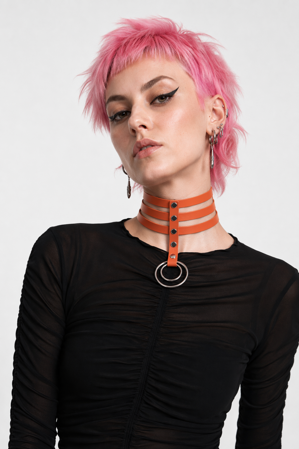 Vegan Leather High Elongated Collar with Built-in O-Ring Hook Orange