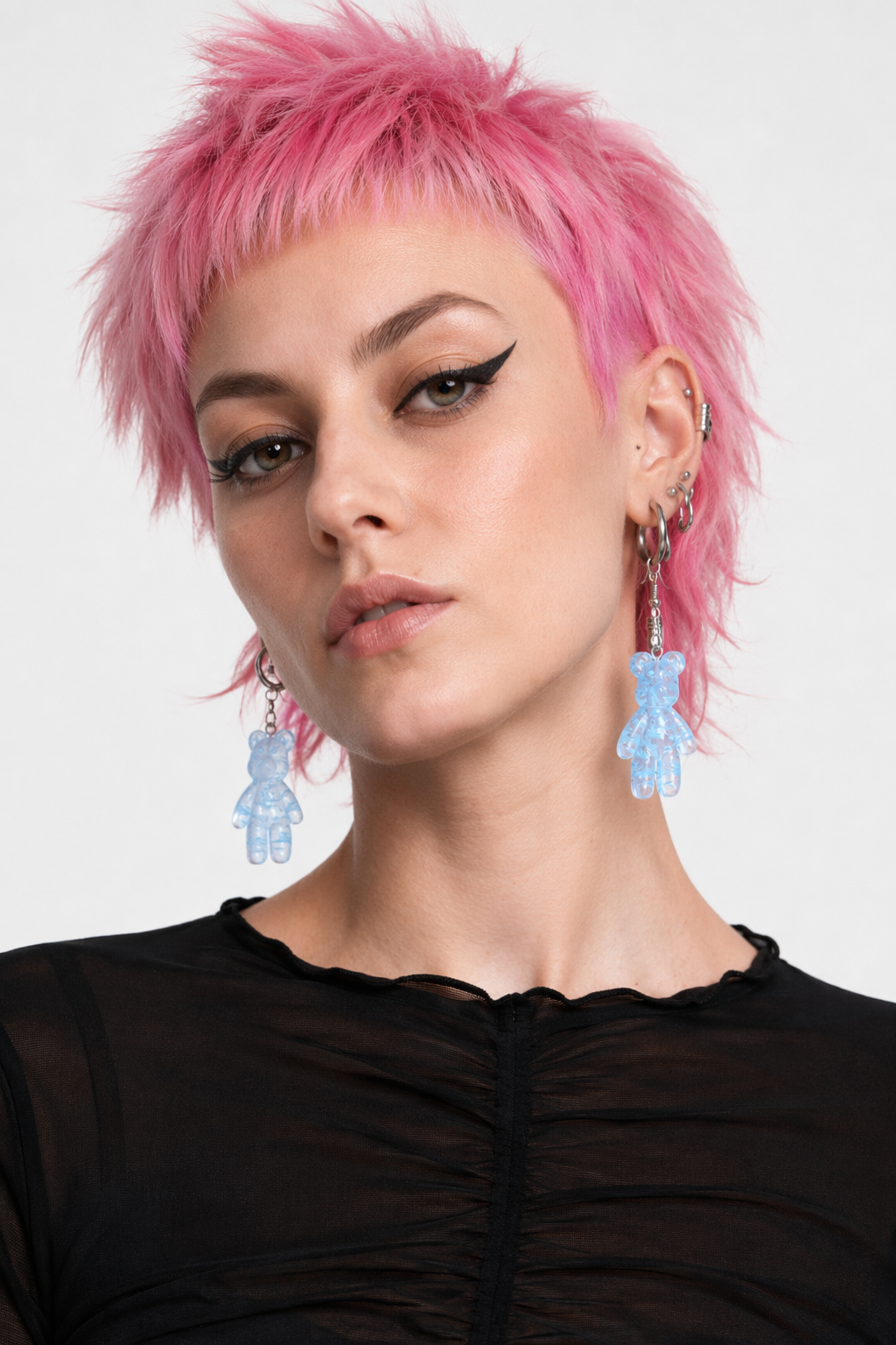 Kawaii Large Bear Earrings in Bright Glittery Colors Light blue