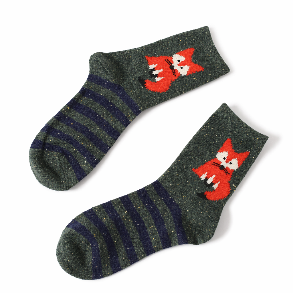 Snow Fox Christmas Socks with Embroidered Design and Vibrant Colors Green Fox